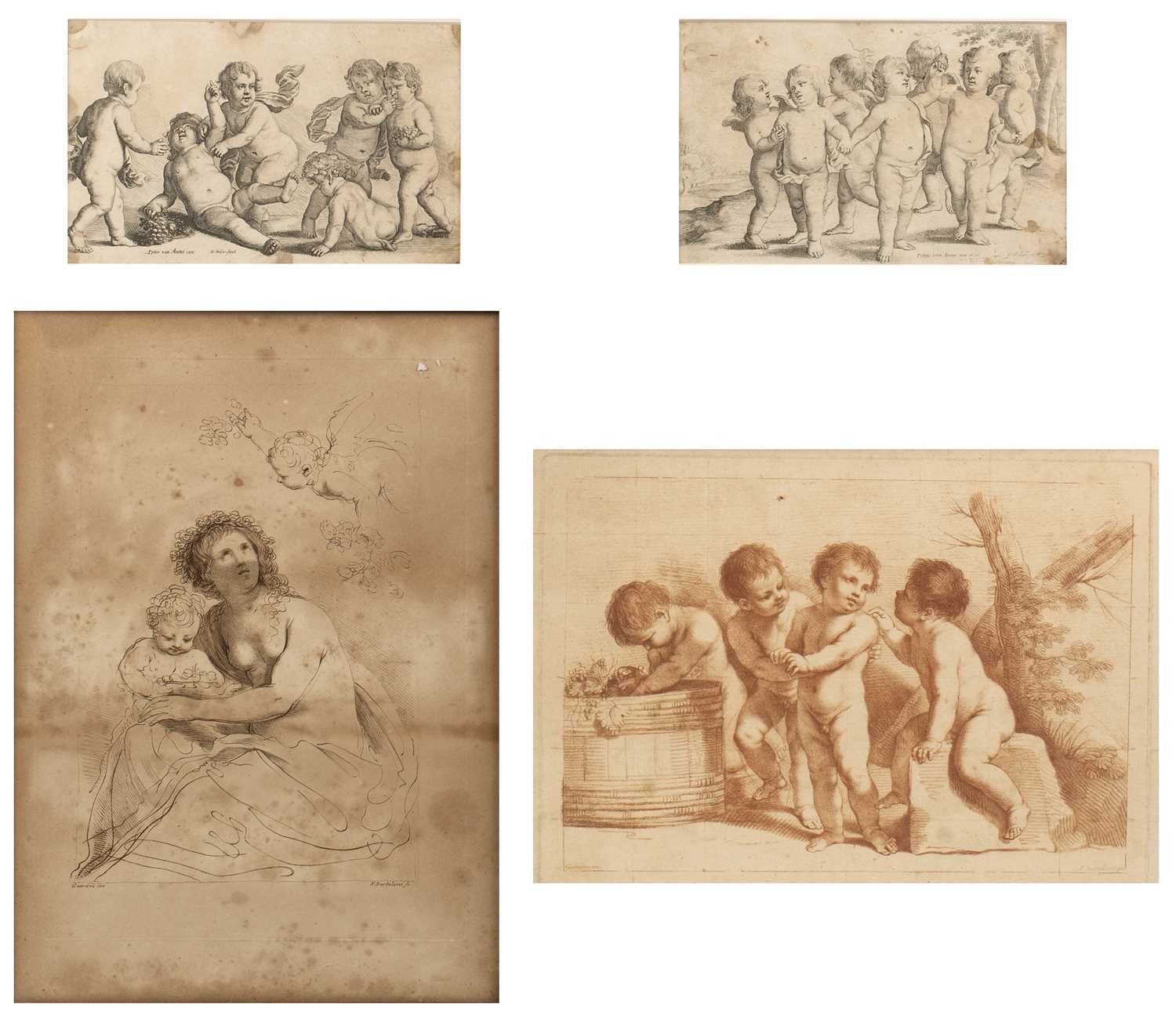 Francesco Bartolozzi after Guercino A group of putti, sepia stipple engraving, 22 x 31.5cm, eleven