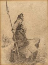 A* K* A Scottish warrior on a rock, signed with initials and indistinctly inscribed, pen and ink, 10