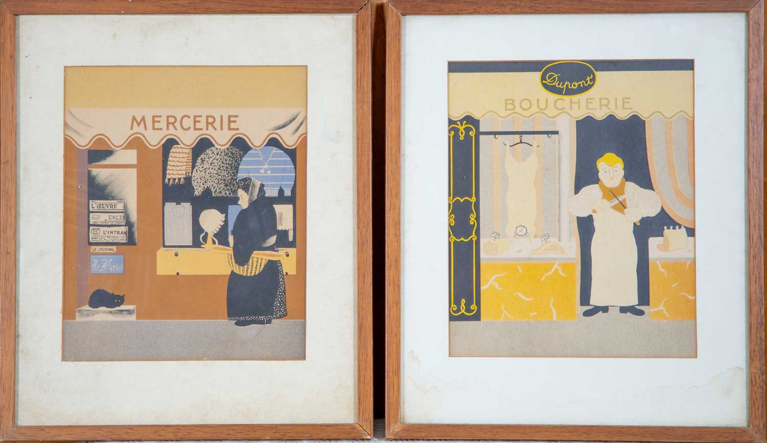 A set of seven decorative French chromo-lithographs, each depicting a different shop frontage, 21.