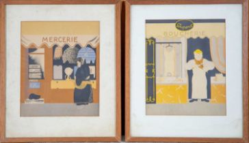 A set of seven decorative French chromo-lithographs, each depicting a different shop frontage, 21.