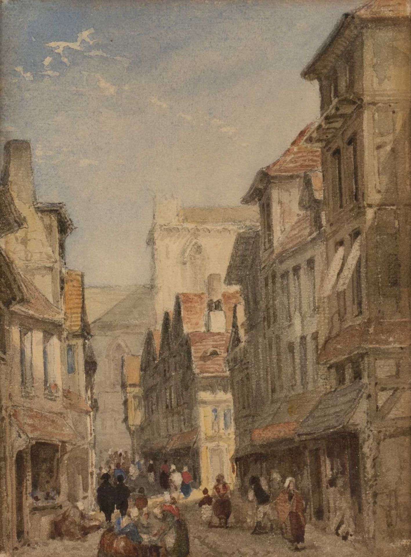 Follower of Louise Rayner (1832-1924) Street scene, possibly Rouen, watercolour, 16 x 12cm; 19th