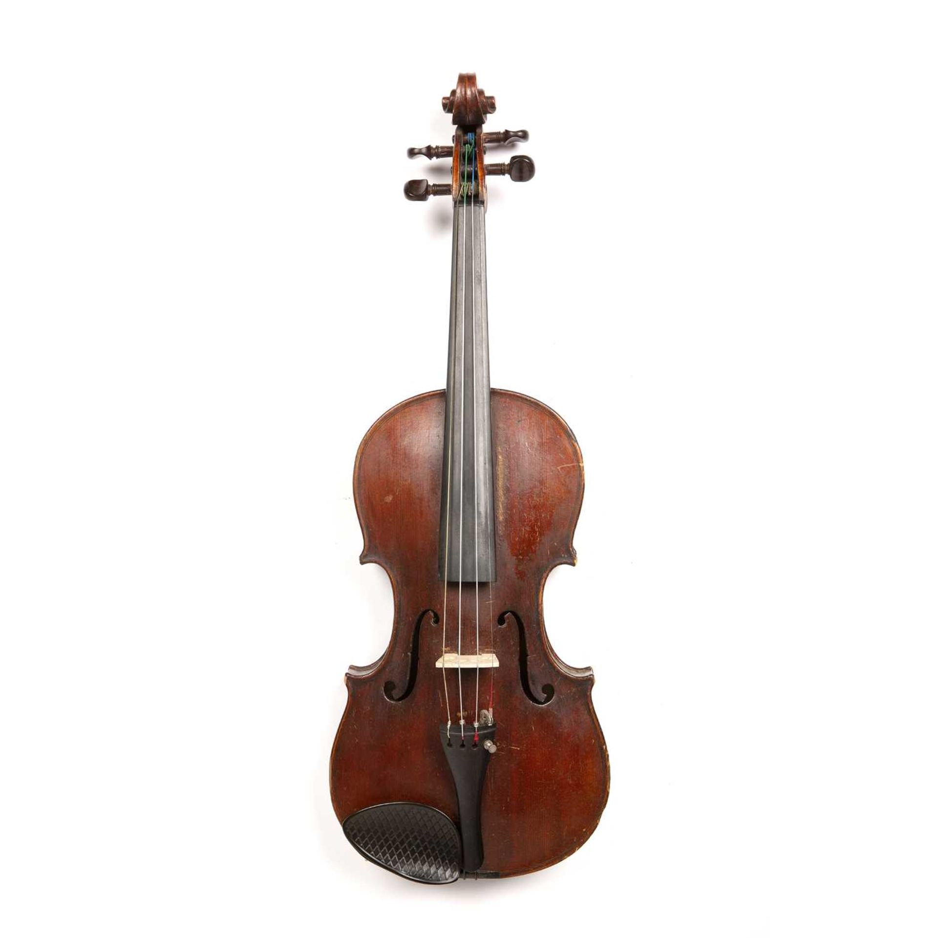A late 19th century German violin of reddish brown colour with two piece back, 35.7cm; in case