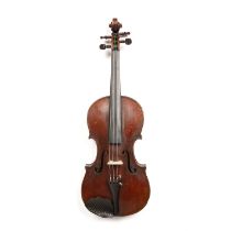 A late 19th century German violin of reddish brown colour with two piece back, 35.7cm; in case