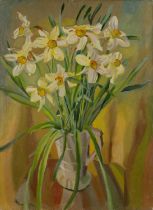 Harry Barr (1896-1987) Still life – narcissi in a white ceramic jug, oil on canvas, 76 x 56cm
