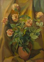 Harry Barr (1896-1987) Still life – roses in a terracotta jug, signed, oil on canvas, 75 x 54.5cm