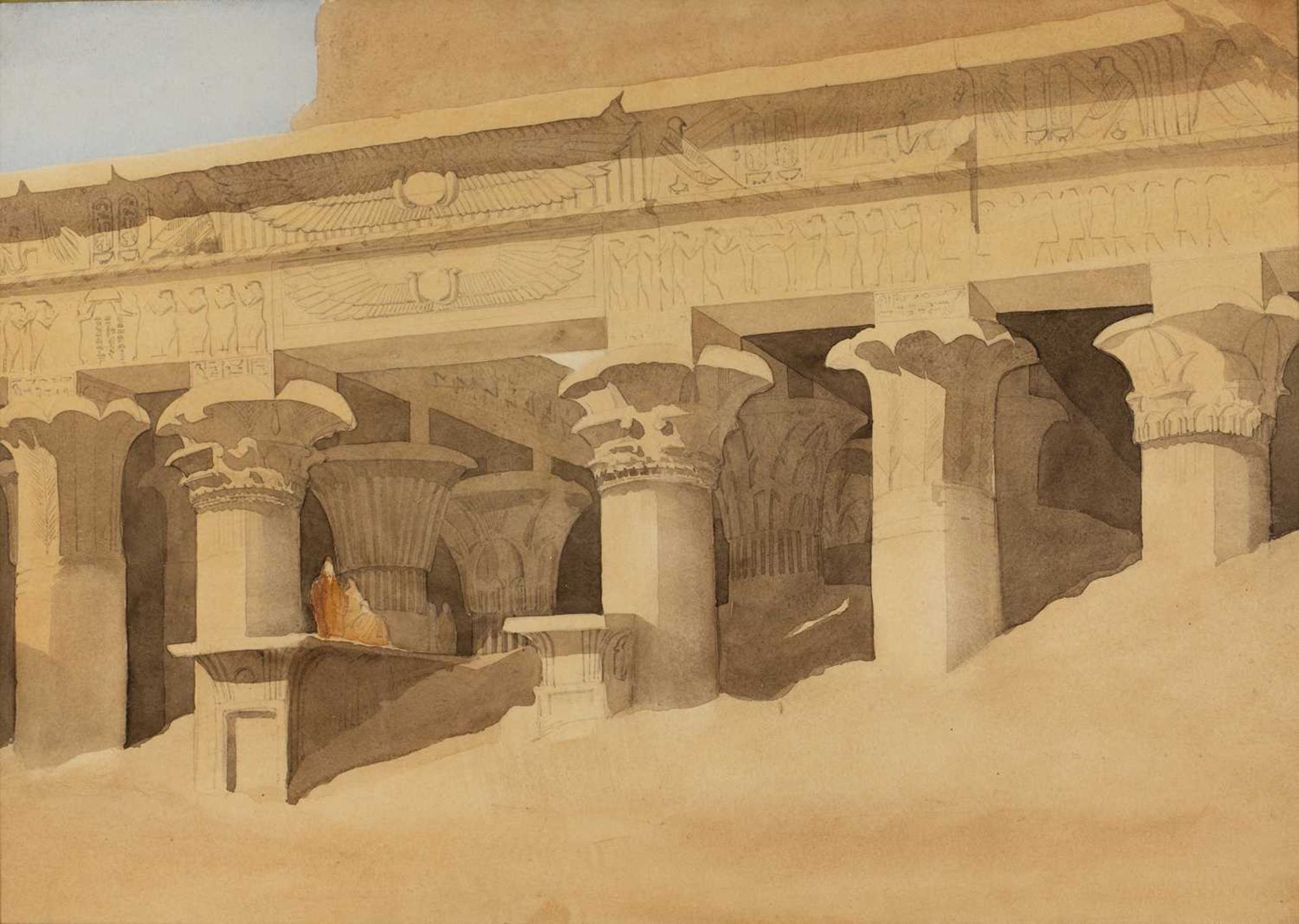 Follower of David Roberts (1796-1864) An Egyptian portico, pencil and watercolour, 36 x 52cm; and