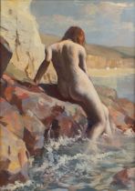 A.K. Maxwell (20th century) Nude on the rocks, oil on board, 55.5 x 40cm