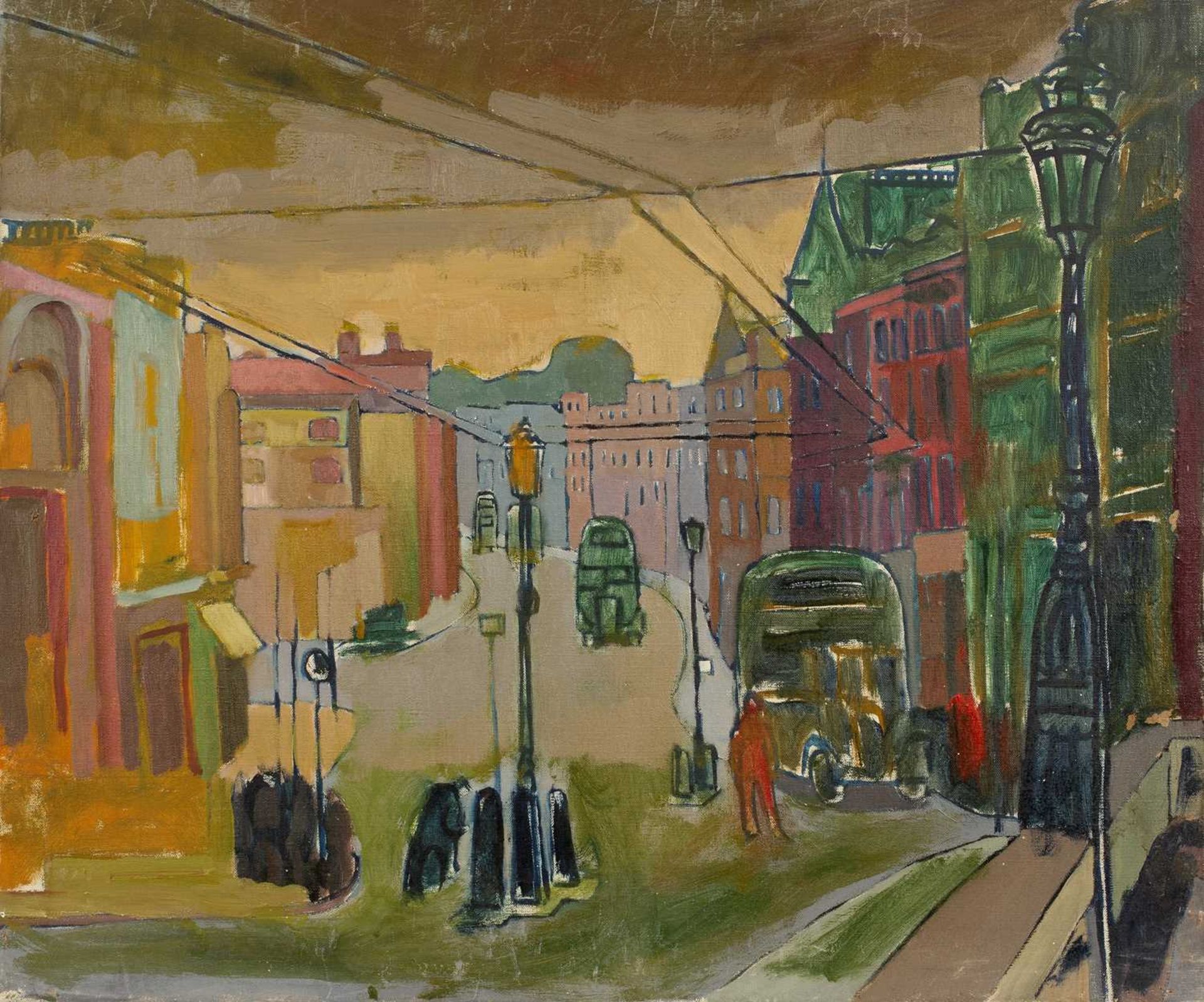 Harry Barr (1896-1987) Street scene with buses, oil on canvas, 50.5 x 61cm