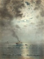 John Nelson Drummond (fl.1882-1896) Steamship off a jetty with lighthouse at dusk, signed, pastel,