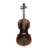 A 19th century German violin, probably Mittenwald, of deep brown colour with two piece back, 35.7cm,