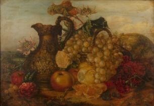 18th/19th century Continental school Still life - an abundance of fruit with wine jug on an earthy