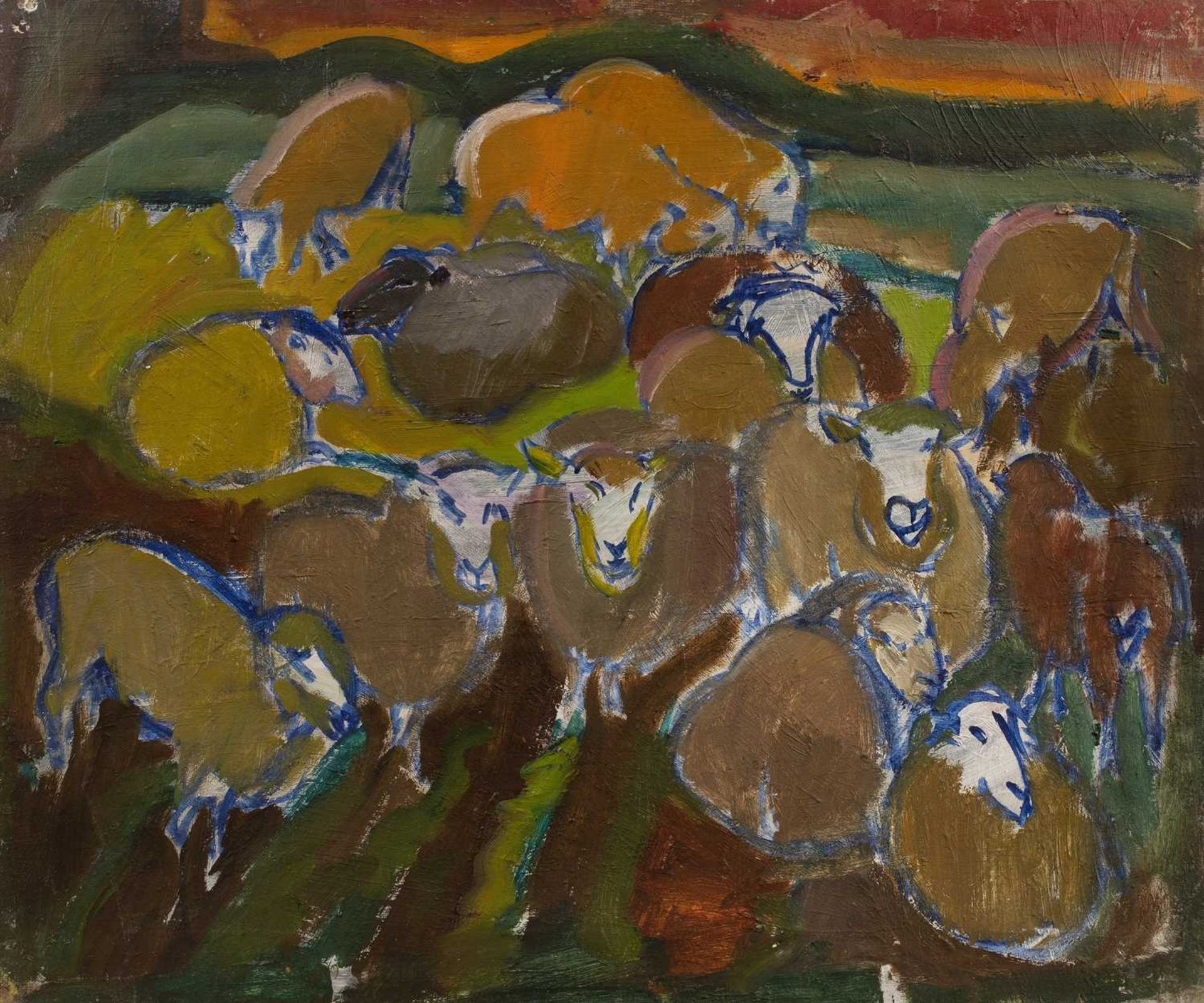 Harry Barr (1896-1987) A flock of sheep, oil on canvas, 51 x 61cm