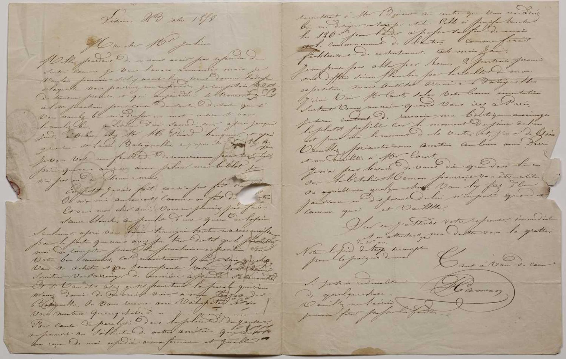 Hamon, Jean-Louis A letter dated 1858 addressed to 'Mon Cher Mr Julien' (Eugene Julien), director of