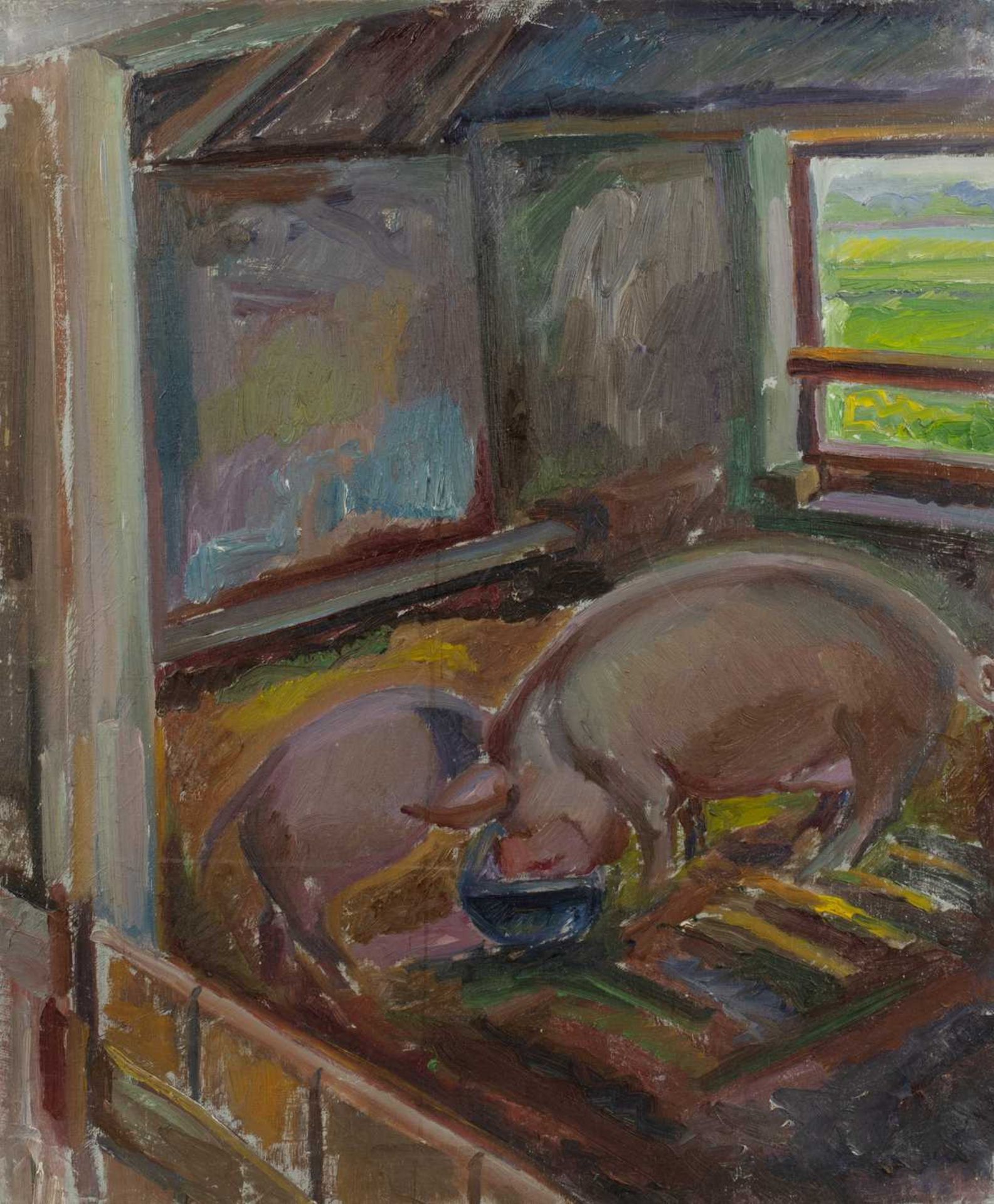 Harry Barr (1896-1987) Sow feeding from a trough with piglet alongside, oil on canvas, 61 x 51cm
