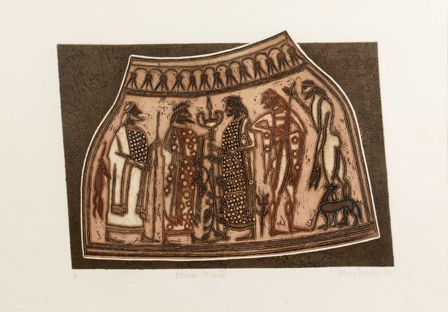Valerie Thornton (1931-1991) 'Etruscan Encounter', etching with aquatint, pencil signed in the