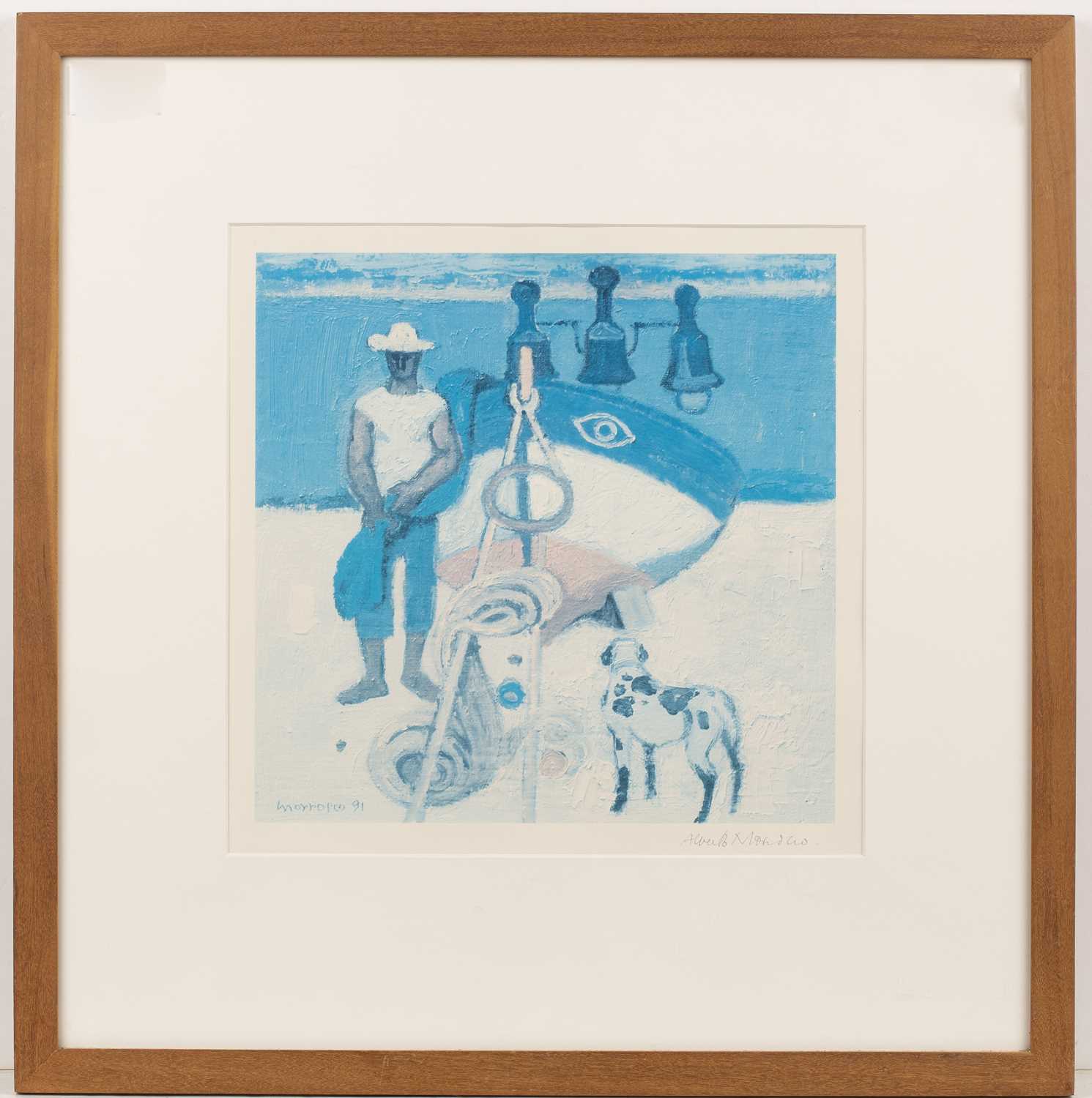 After Alberto Morrocco Figure with dog on the beach, print in colours, pencil signed in the - Image 2 of 3