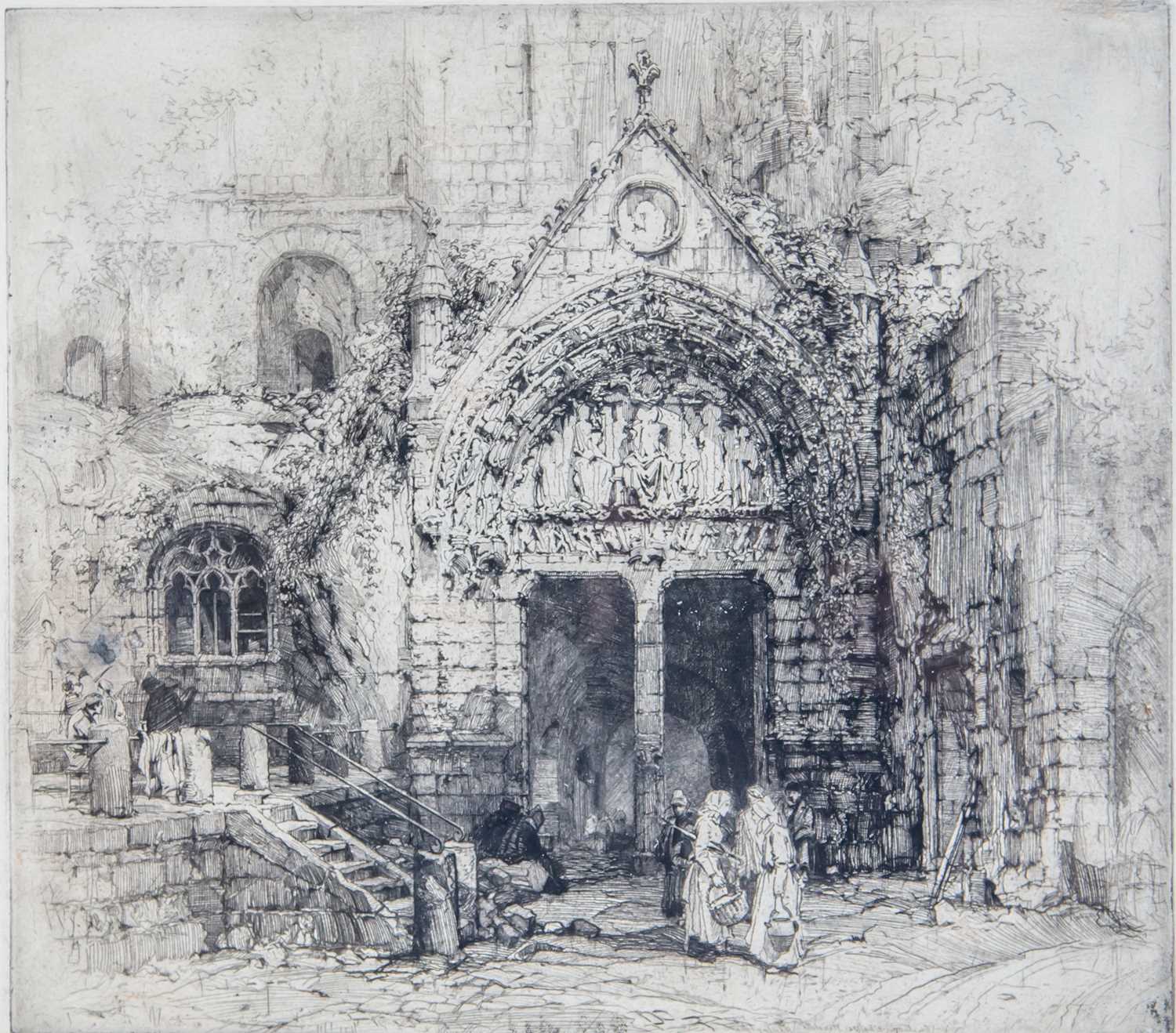 E Hedley Fitton (1859-1929) Church of The Three Kings, St Emilion, Guyenne, etching, faintly