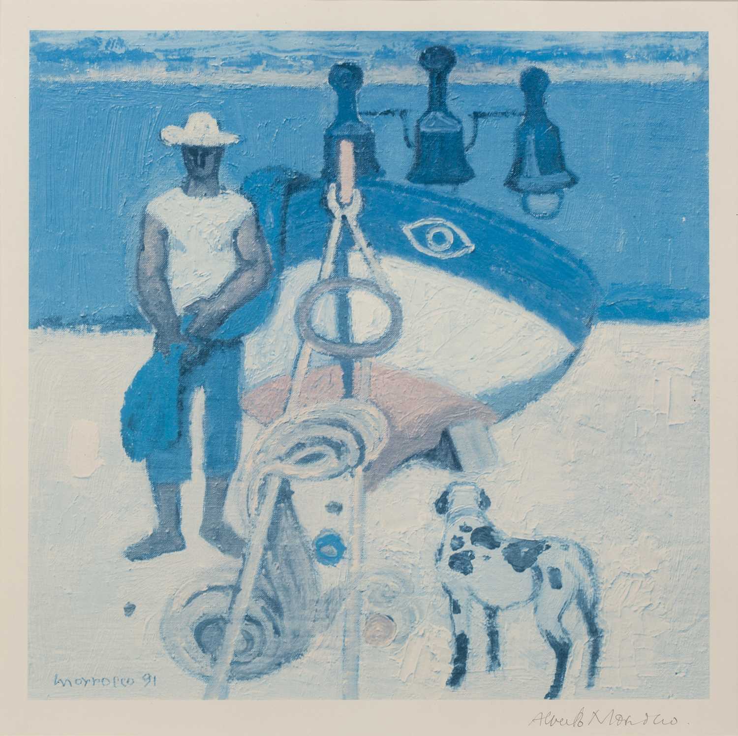 After Alberto Morrocco Figure with dog on the beach, print in colours, pencil signed in the