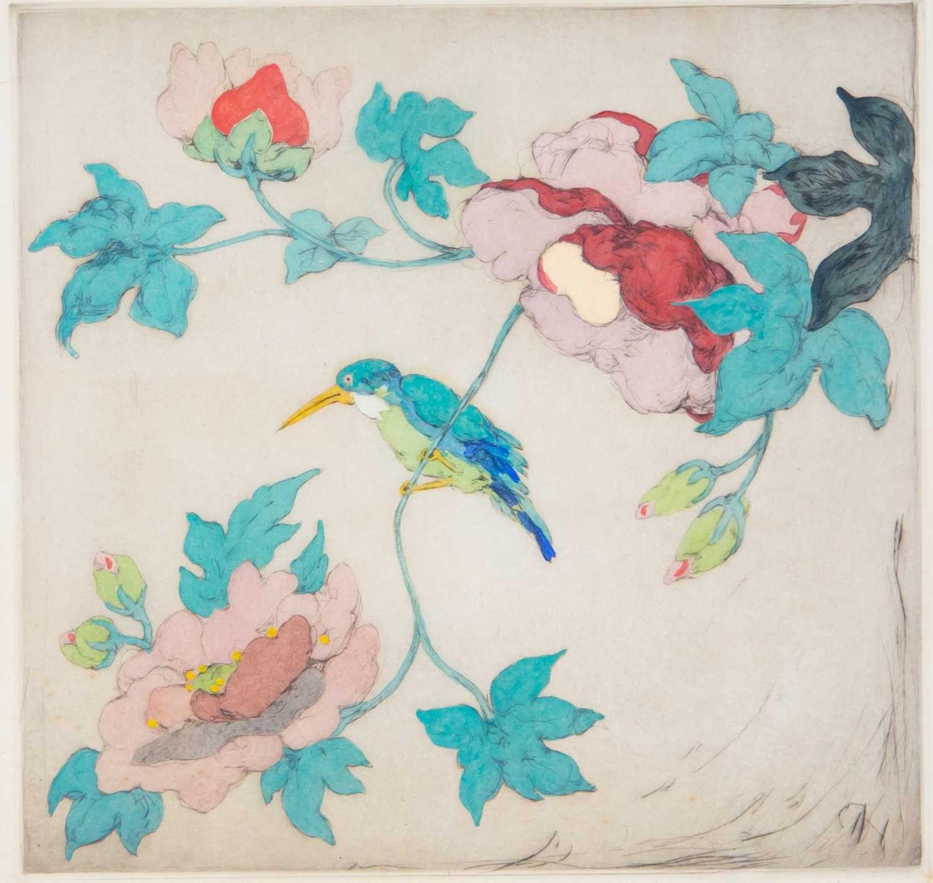Elyse Ashe Lord (1900-1971) 'Kingfisher', etching with hand-colouring, signed in pencil and numbered
