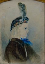 19th century Scottish school Portrait of a boy with feathered cap, watercolour, 17.5 x 12.5cm, in