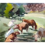 Harry Barr (1896-1987) Cattle grazing in a parkland, signed and dated 1949, ink and watercolour,