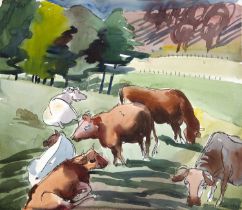 Harry Barr (1896-1987) Cattle grazing in a parkland, signed and dated 1949, ink and watercolour,