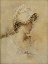 Follower of Walter Langley (1852-1922) Bust length portrait of a lady wearing a bonnet, watercolour,