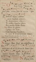 A 17th century antiphonal leaf printed with Latin text and staves in red and black - Lux beata