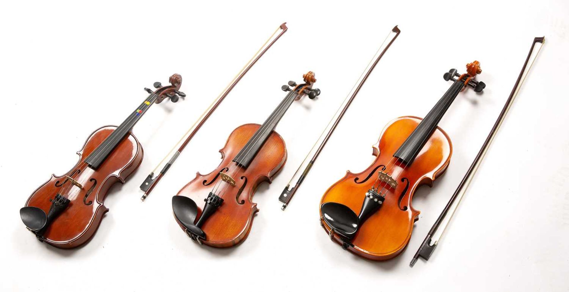 A collection of six modern violins, various makes, some with bows, all cased; together with a - Image 2 of 5