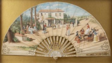 A 19th century Spanish fan painted with figures merrymaking outside a hostelry, watercolour on paper