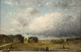 French school (early 20th century) Figures overlooking a park, oil on board, 21 x 33cm Some raised