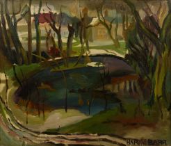 Harry Barr (1896-1987) A wooded pool and cottage, signed, oil on canvas, 55 x 65cm