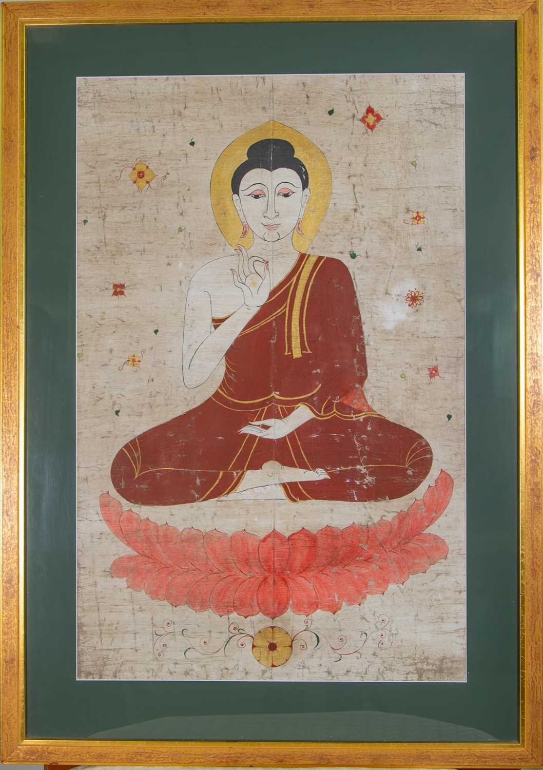 A Tibetan Thangka, painted with a Bodhisattva upon a lotus leaf, 84 x 54cm - Image 3 of 3