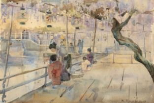 Mary R. Hill Burton A Japanese terrace, signed, watercolour, 25.5 x 37.5 Patchy light brown