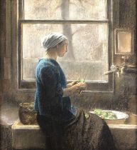 Herbert Johnson Harvey (1884-1928) A lady picking vegetables by a window, signed, pastel, 53 x 50cm