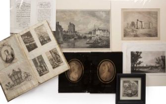 A 19th century scrap album containing a quantity of 17th and 18th century engravings, subjects to