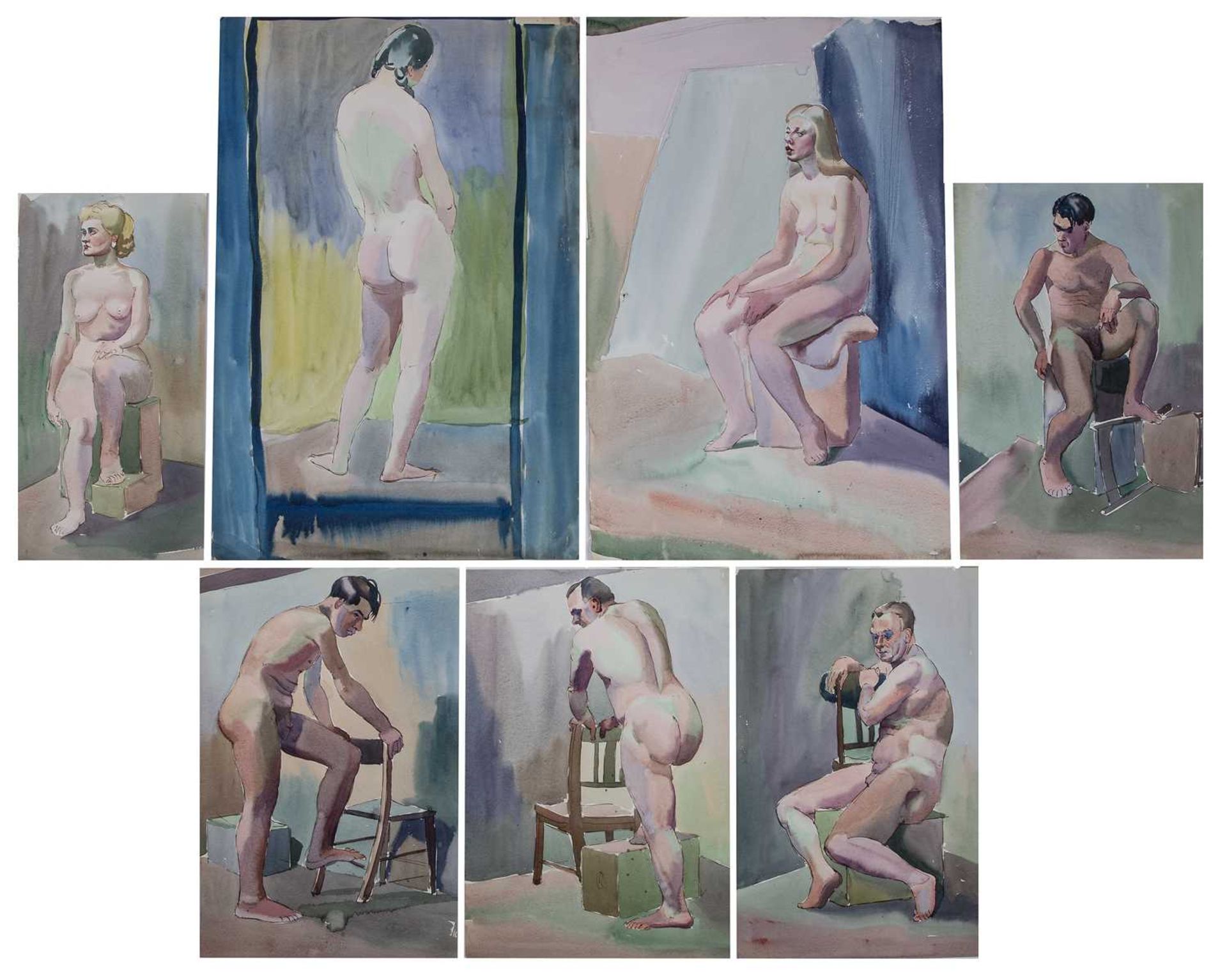 Harry Barr (1896-1987) Seated female nude, ink and watercolour, 38 x 20cm; and six further nude - Bild 2 aus 2