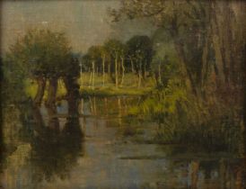 19th century Dutch school A river landscape with trees reflected in the water, oil on canvas