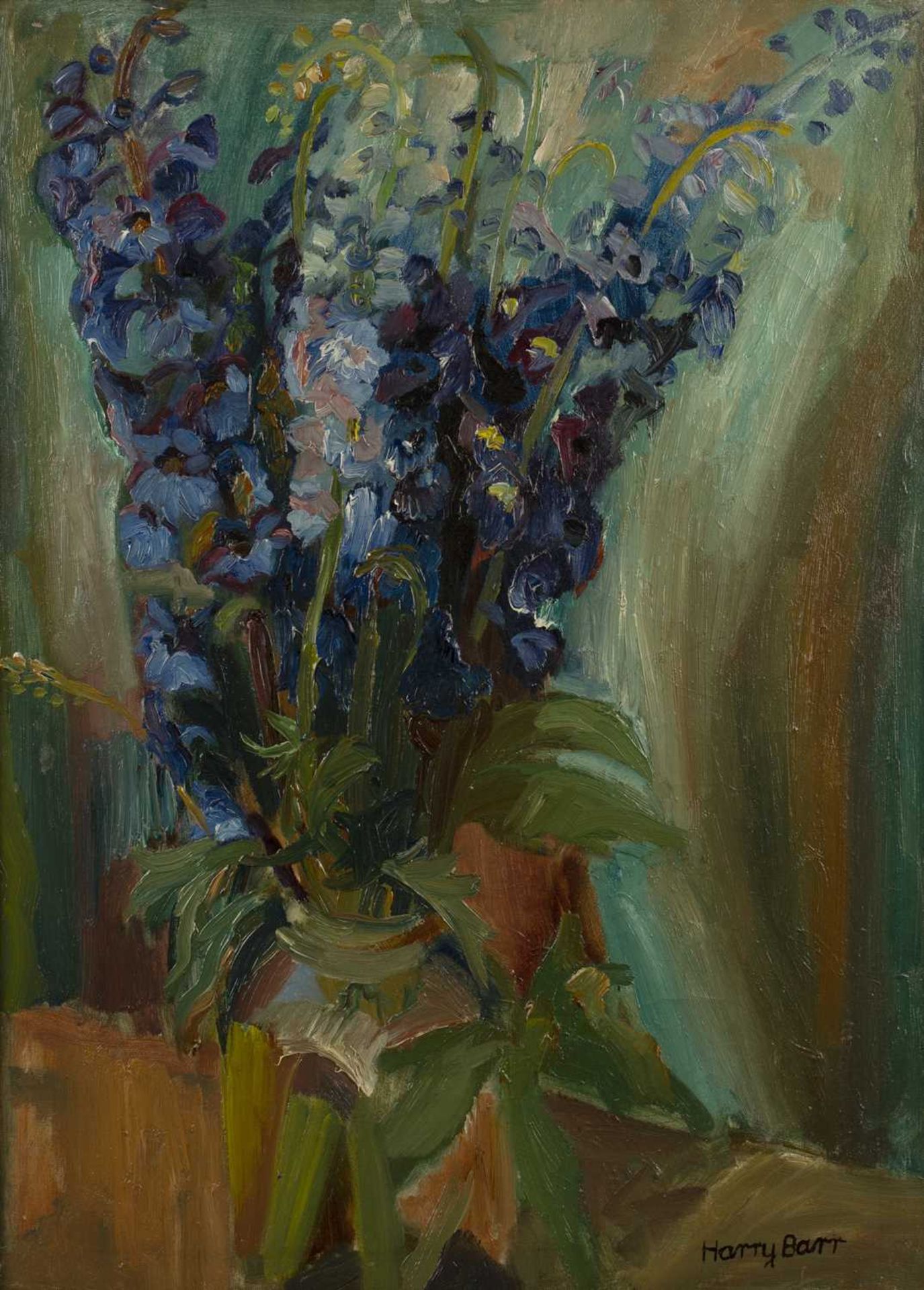 Harry Barr (1896-1987) Still life – delphiniums in a glass jar, signed, oil on canvas, 75 x 54cm