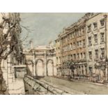 20th century English school A Road in Bath, indistinctly signed, pen, ink and watercolour, 37.5 x
