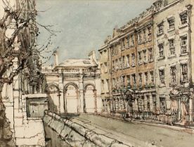 20th century English school A Road in Bath, indistinctly signed, pen, ink and watercolour, 37.5 x