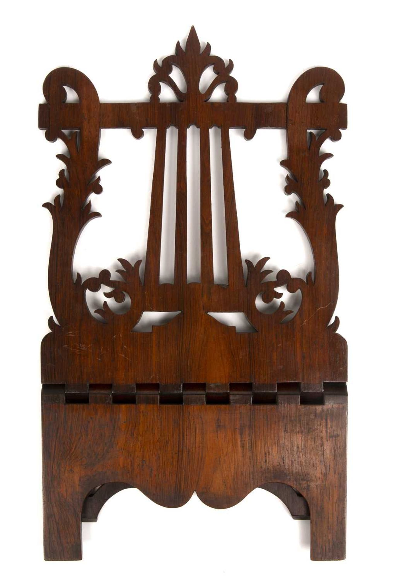 A 19th century rosewood table top music stand, of hinged form with fret pierced lyre shaped back, - Image 4 of 4