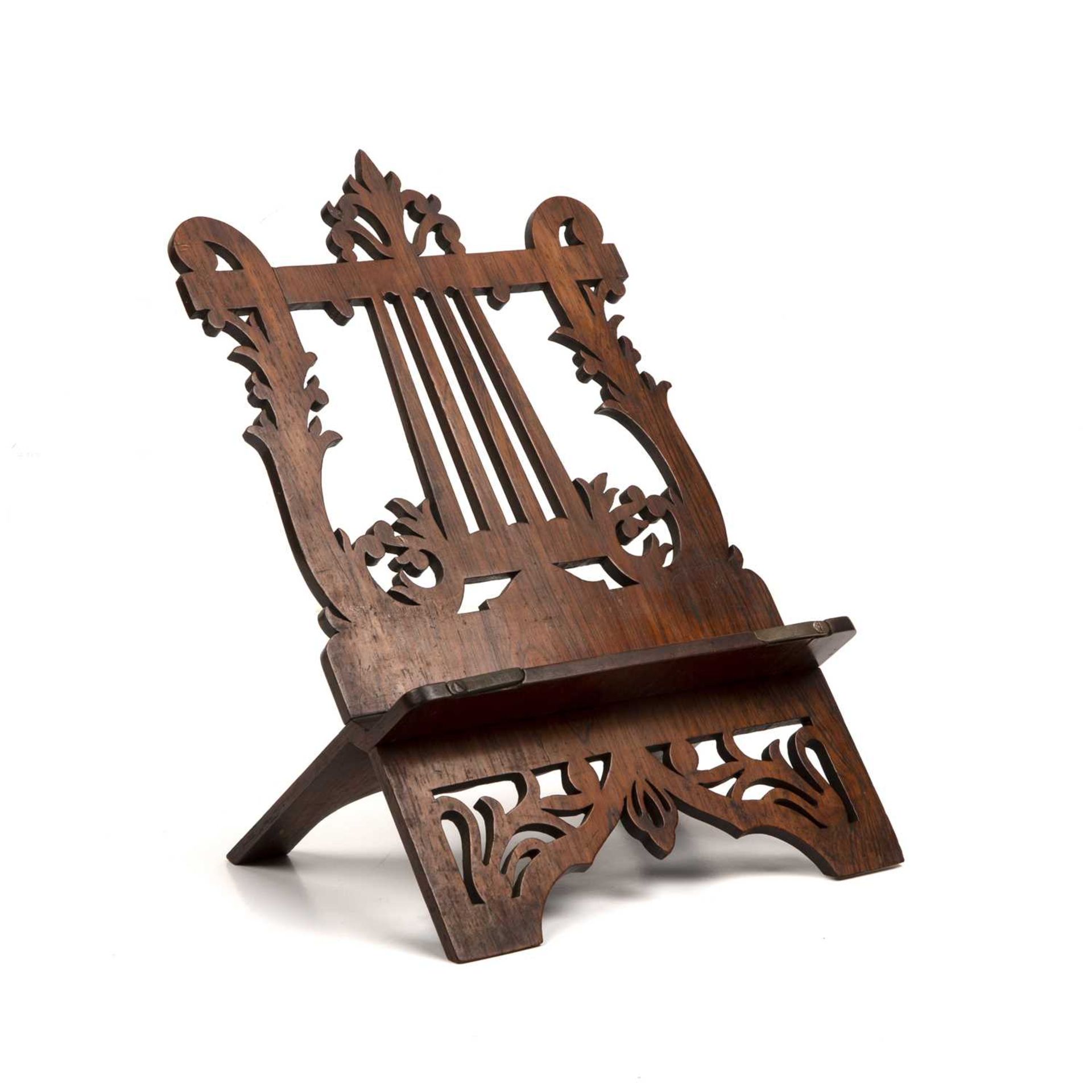 A 19th century rosewood table top music stand, of hinged form with fret pierced lyre shaped back, - Image 2 of 4