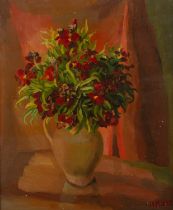 Harry Barr (1896-1987) Still life – red flowers in an earthenware vase, signed, oil on canvas, 60