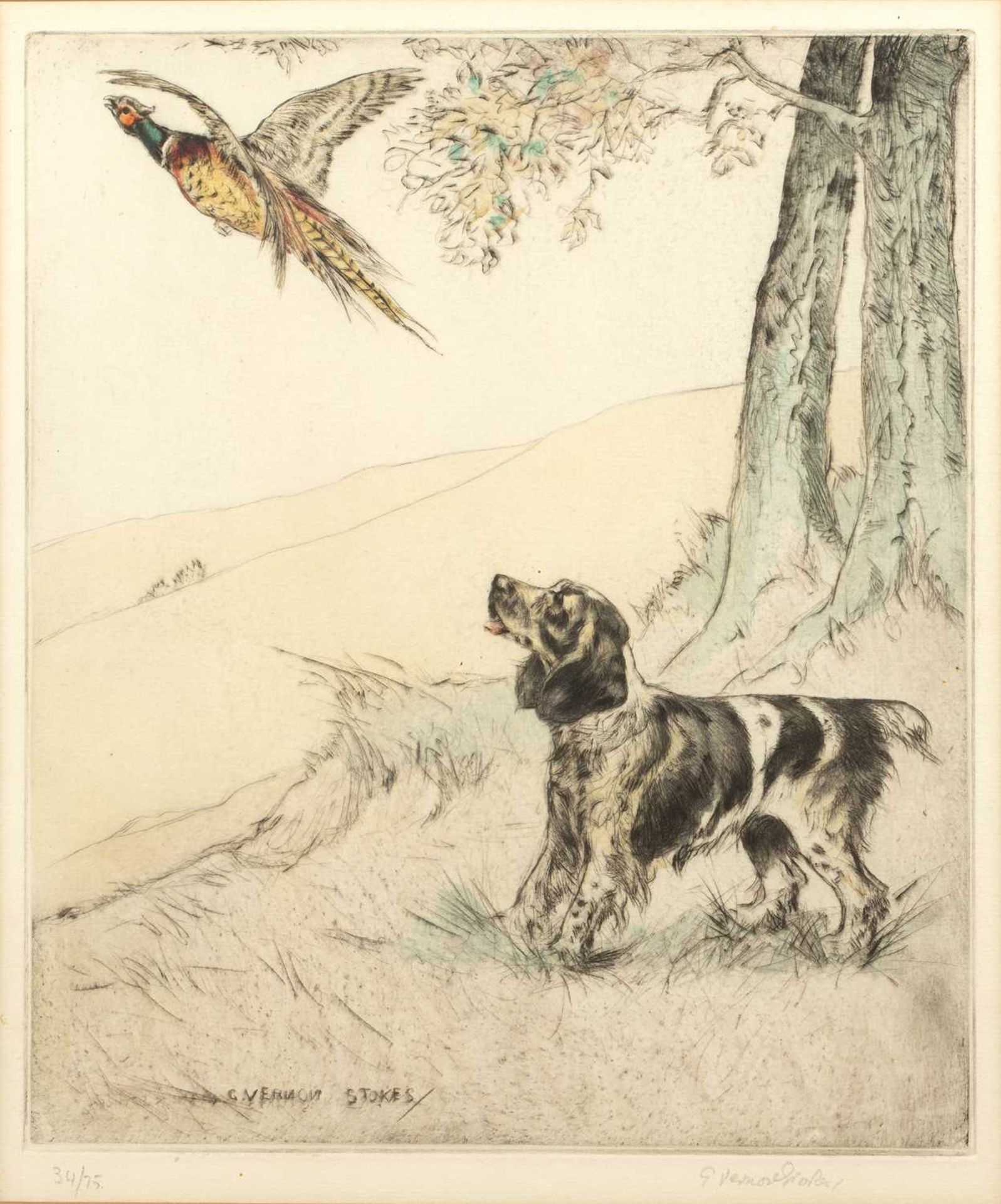 George Vernon Stokes (1873-1954) On the scent, hand-coloured, etching, signed and numbered 66/75 - Image 2 of 6