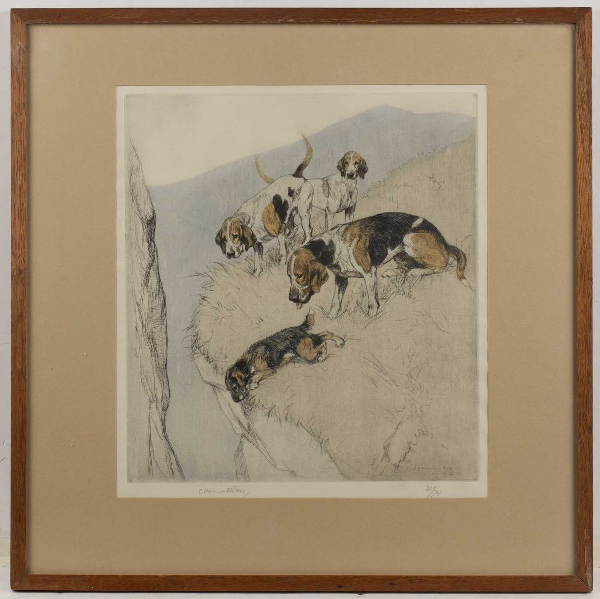 George Vernon Stokes (1873-1954) Beagles on a cliffs edge, signed and numbered 38/75 in pencil to - Image 2 of 11