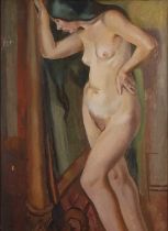 Harry Barr (1896-1987) Female nude by a cheval mirror, oil on canvas, 74 x 55cm