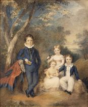 English school (early 19th century) A family of children beneath a tree in a landscape, watercolour,