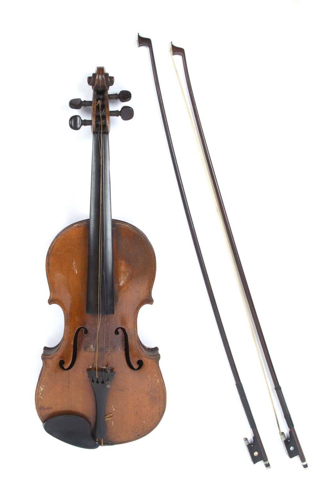 A 19th century violin with two piece back, 36cm; together with two bows, cased