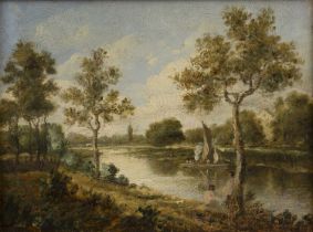 Follower of John Constable (1776-1837) River landscape with figures and sailing vessel, inscribed '